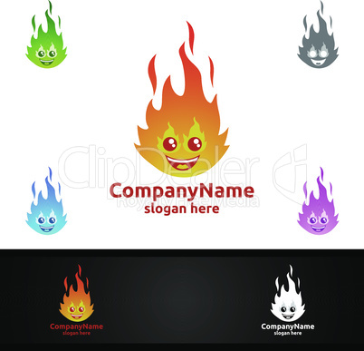 Fire and Flame with Cute Face Character Logo Design Concept