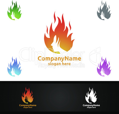 Fire and Flame with Woman Face Character Logo Design for Salon, Spa or Fashion Concept