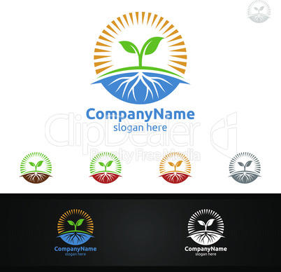 Organic Tree Logo with Leaf Sun and Root Concept for Natural Agriculture ,Farm or Gardening