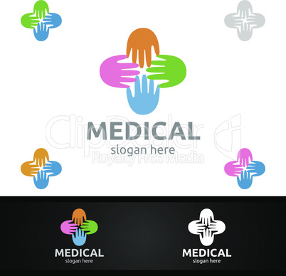 Hand Cross Medical Hospital Logo for Emergency Clinic Drug store or Volunteers Concept