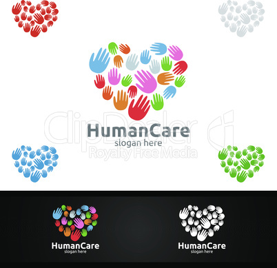 Love Hand and Health Care with Heart Vector Logo Design for Education, Yoga, Fitness or Charity Concept