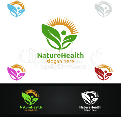 Organic Health Care Medical Logo with Human and Leaf Character for Therapy, Wellness, Spa, Education, Nutrition, or Fitness Concept