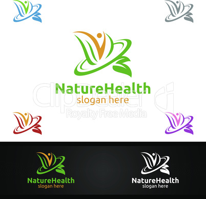 Organic Health Care Medical Logo with Human and Leaf Character for Therapy, Wellness, Spa, Education, Nutrition, or Fitness Concept