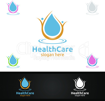 Water Drop Health Care Medical Logo with Human and Leaf Character for Therapy, Wellness, Spa, Education, Nutrition, or Fitness Concept
