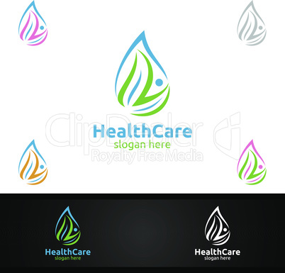 Water Drop Health Care Medical Logo with Human and Leaf Character for Therapy, Wellness, Spa, Education, Nutrition, or Fitness Concept