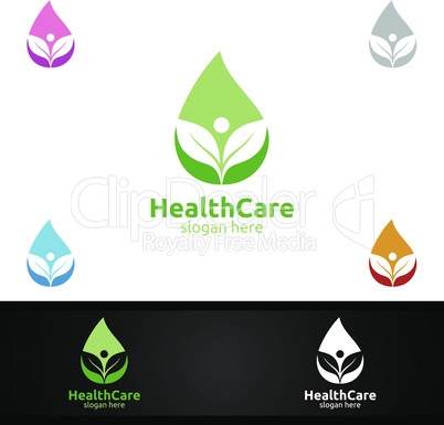 Water Drop Health Care Medical Logo with Human and Leaf Character for Therapy, Wellness, Spa, Education, Nutrition, or Fitness Concept