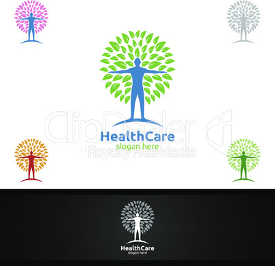 Organic Health Care Medical Logo with Human and Leaf Character for Therapy, Wellness, Spa, Education, Nutrition, or Fitness Concept