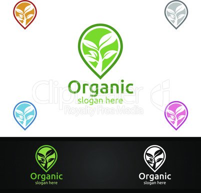 Pin Locator Natural and Organic Logo design template for Herbal, Ecology, Health, Yoga, Food, or Farm Concept