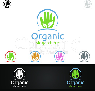 Hand Natural and Organic Logo design template for Herbal, Ecology, Health, Yoga, Food, or Farm Concept