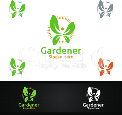 Herb Gardener Logo with Green Garden Environment or Botanical Agriculture Design Illustration