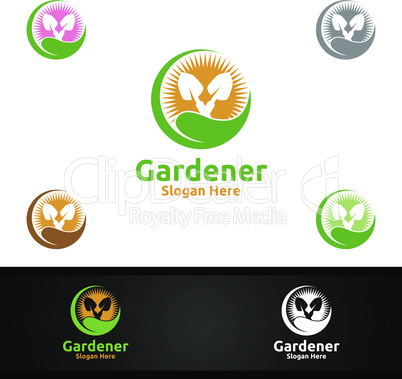 Rise Gardener Logo with Green Garden Environment or Botanical Agriculture Design Illustration