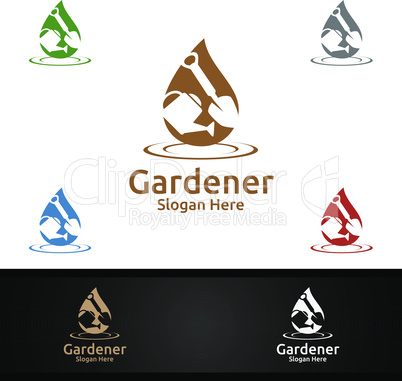 Water Gardener Logo with Green Garden Environment or Botanical Agriculture Design Illustration
