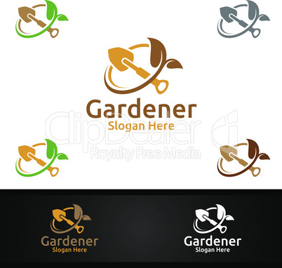 Scoop Gardener Logo with Green Garden Environment or Botanical Agriculture Design Illustration