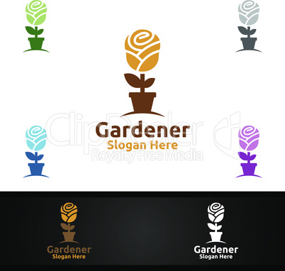 Rose Gardener Logo with Green Garden Environment or Botanical Agriculture Design Illustration