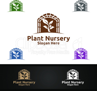 Plant Nursery Gardener Logo with Green Garden Environment or Botanical Agriculture Design Illustration