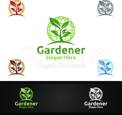 Global Gardener Logo with Green Garden Environment or Botanical Agriculture