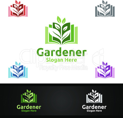 Book Gardener Logo with Green Garden Environment or Botanical Agriculture