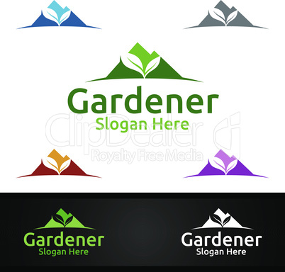 Mountain Gardener Logo with Green Garden Environment or Botanical Agriculture