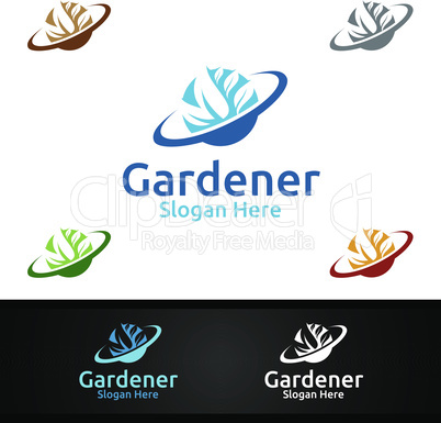 Planet Gardener Logo with Green Garden Environment or Botanical Agriculture