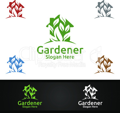House Gardener Logo with Green Garden Environment or Botanical Agriculture