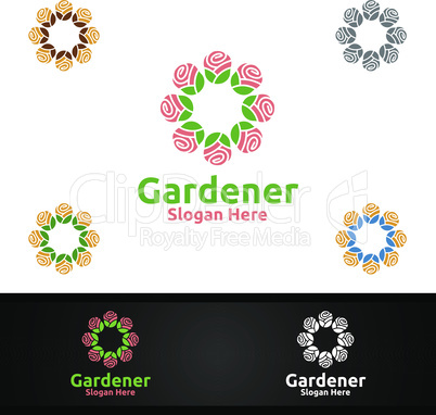 Flower Gardener Logo with Green Garden Environment or Botanical Agriculture