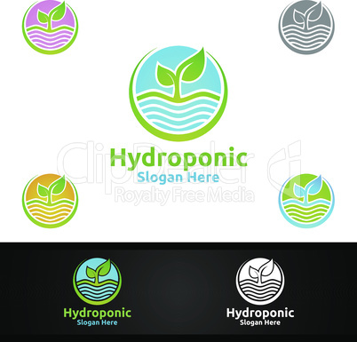 Sun Rise Hydroponic Gardener Logo with Green Garden Environment or Botanical Agriculture Design