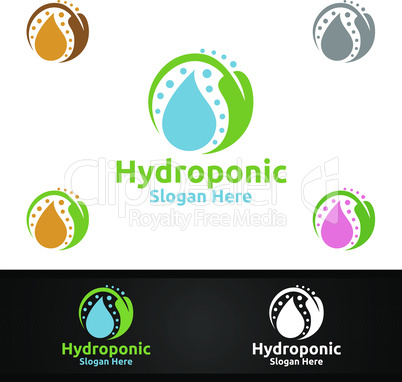 Water Hydroponic Gardener Logo with Green Garden Environment or Botanical Agriculture Design