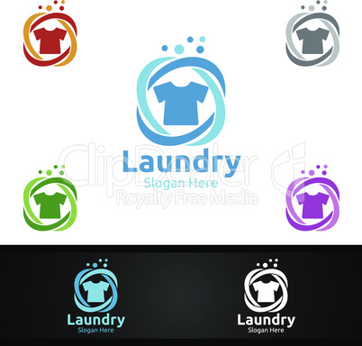 Laundry Dry Cleaners Logo with Clothes, Water and Washing Concept