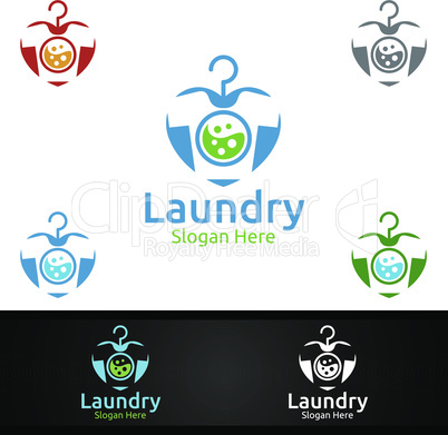 Love Laundry Dry Cleaners Logo with Clothes, Water and Washing Concept