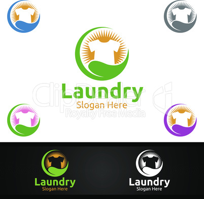 Eco Laundry Dry Cleaners Logo with Clothes, Water and Washing Concept