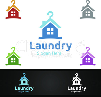 Home Laundry Dry Cleaners Logo with Clothes, Water and Washing Concept