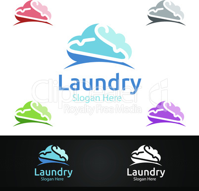 Cloud Laundry Dry Cleaners Logo with Clothes, Water and Washing Concept