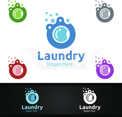 Laundry Dry Cleaners Logo with Clothes, Water and Washing Concept