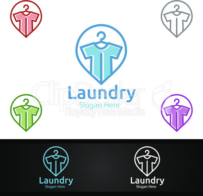 Pin Laundry Dry Cleaners Logo with Clothes, Water and Washing Concept