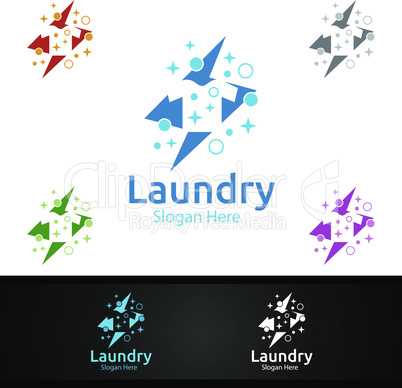 Fast Laundry Dry Cleaners Logo with Clothes, Water and Washing Concept