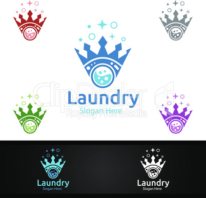King Laundry Dry Cleaners Logo with Clothes, Water and Washing Concept