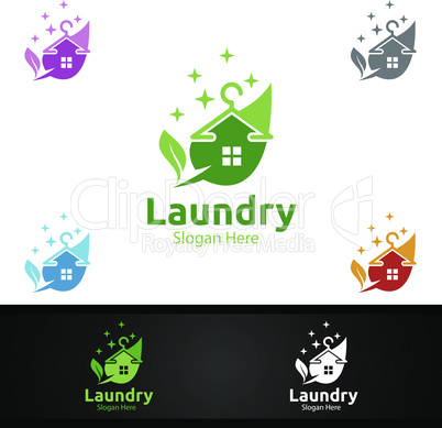 Eco Laundry Dry Cleaners Logo with Clothes, Water and Washing Concept