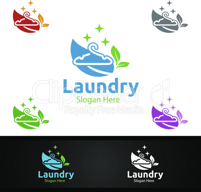 Eco Laundry Dry Cleaners Logo with Clothes, Water and Washing Concept