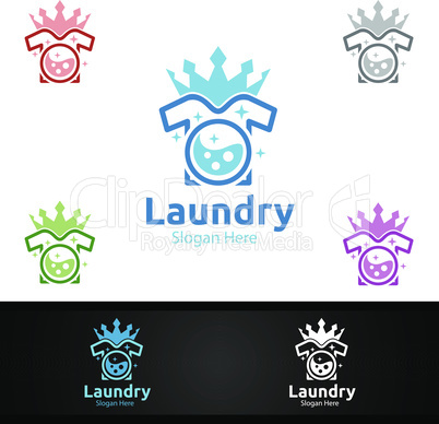 King Laundry Dry Cleaners Logo with Clothes, Water and Washing Concept