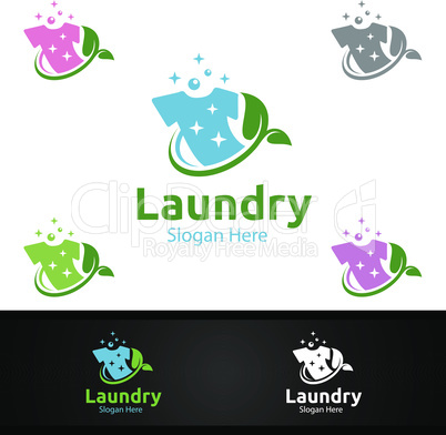 Eco Laundry Dry Cleaners Logo with Clothes, Water and Washing Concept