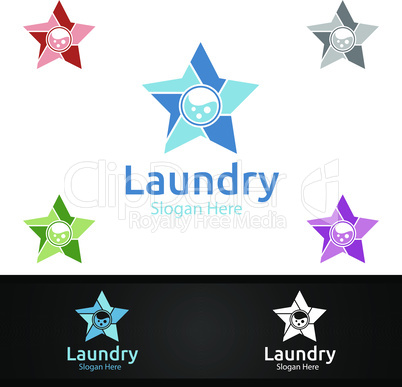 Star Laundry Dry Cleaners Logo with Clothes, Water and Washing Concept