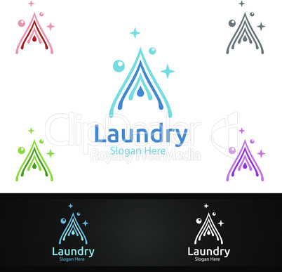Water Laundry Dry Cleaners Logo with Clothes, Water and Washing Concept