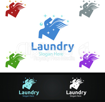 Fast Laundry Dry Cleaners Logo with Clothes, Water and Washing Concept