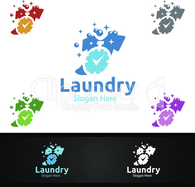 Fast Laundry Dry Cleaners Logo with Clothes, Water and Washing Concept