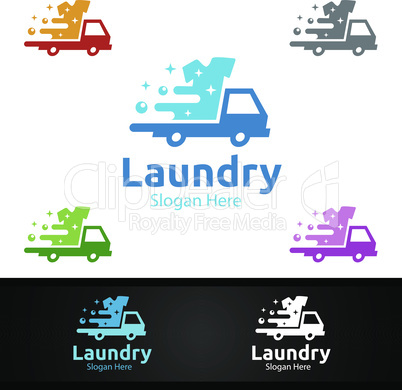 Delivery Laundry Dry Cleaners Logo with Clothes, Water and Washing Concept