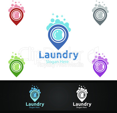 Pin Laundry Dry Cleaners Logo with Clothes, Water and Washing Concept