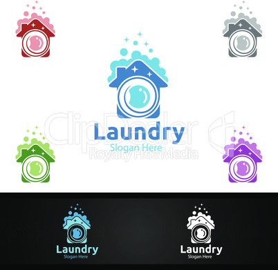 Laundry Dry Cleaners Logo with Clothes, Water and Washing Concept