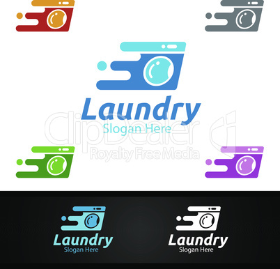Fast Laundry Dry Cleaners Logo with Clothes, Water and Washing Concept