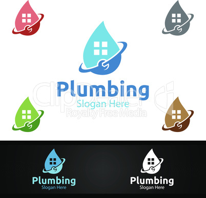 Plumbing Logo with Water and Fix Home Concept