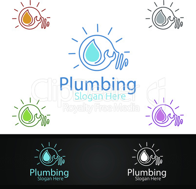 Idea Plumbing Logo with Water and Fix Home Concept